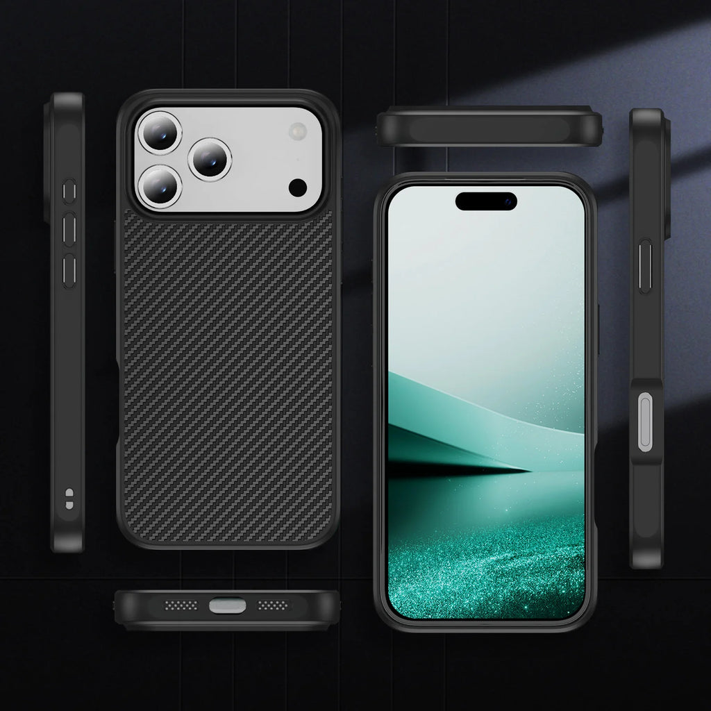 Multiple views of the carbon fiber iPhone 17 case, showing the side buttons, port cutouts, and slim yet rugged profile.