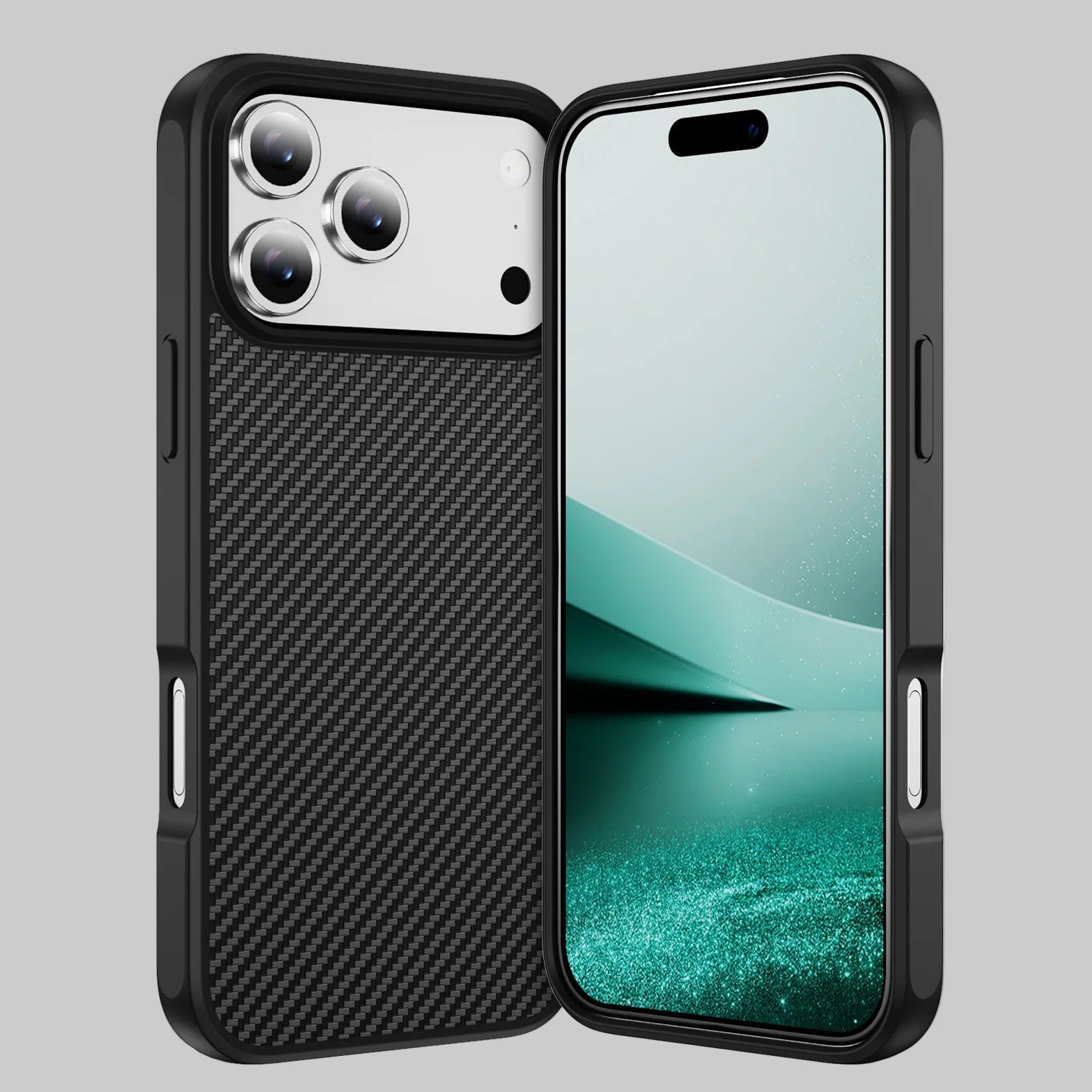 Front and back view of the Stealth Black Carbon Fiber Armor case for iPhone 17 Pro, showing its rugged design