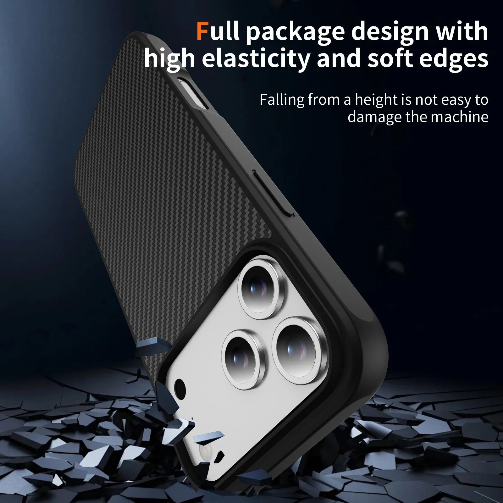 An image demonstrating the shockproof qualities of the carbon fiber case, highlighting its high-elasticity soft edges for drop protection