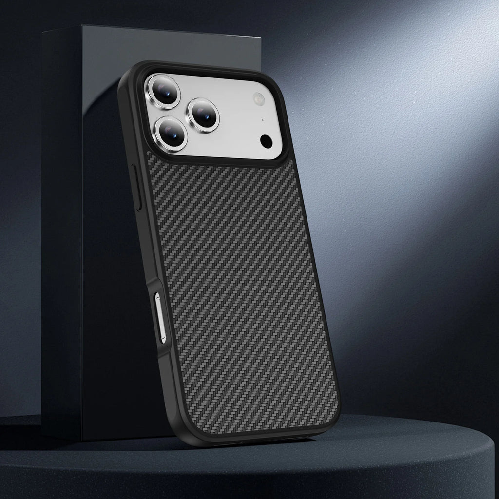 The Stealth Black carbon fiber case for iPhone 17 showcased on a stand, emphasizing its luxury and protective design