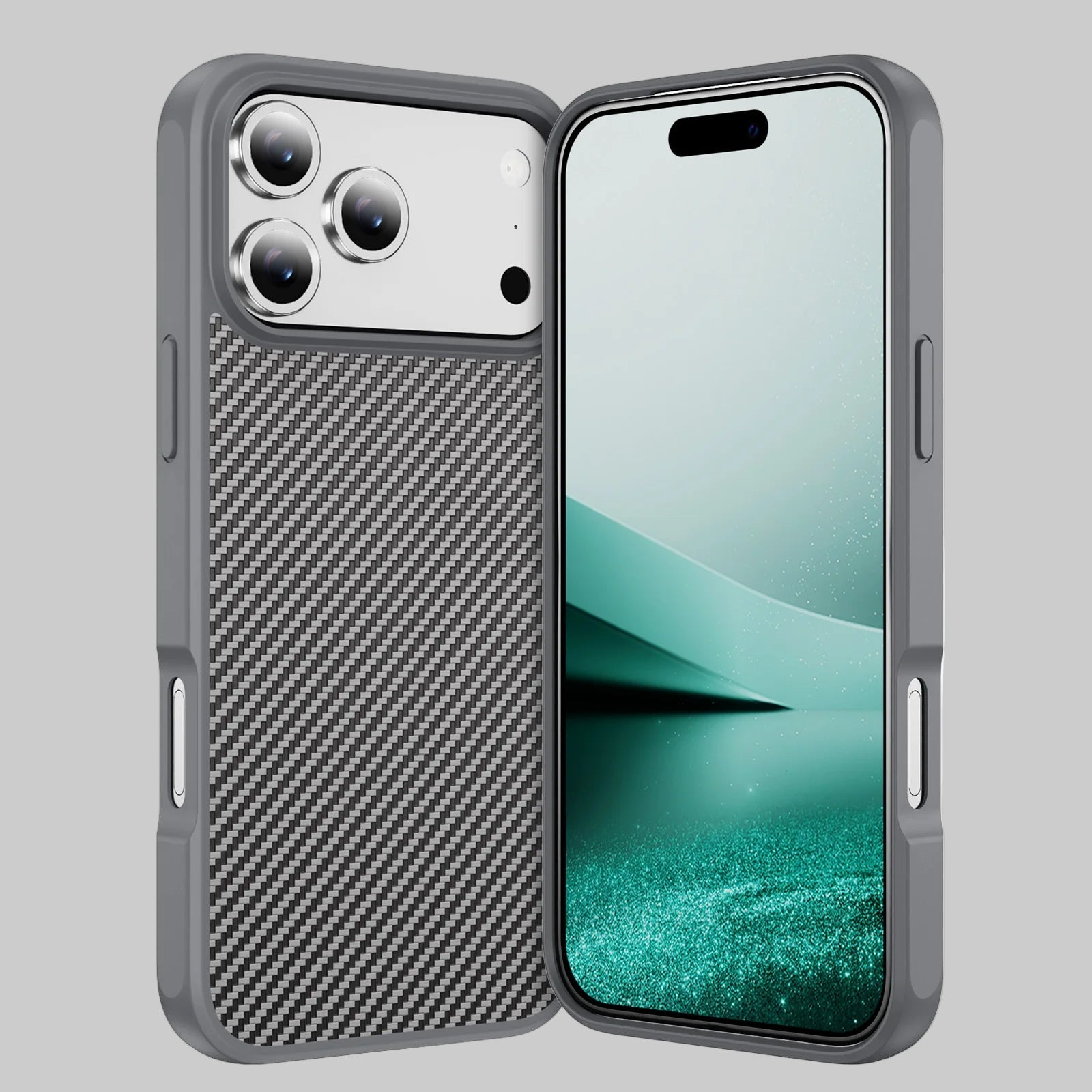 The Titanium Silver Carbon Fiber case for iPhone 17 Pro Max with a textured back and protective black bumper.