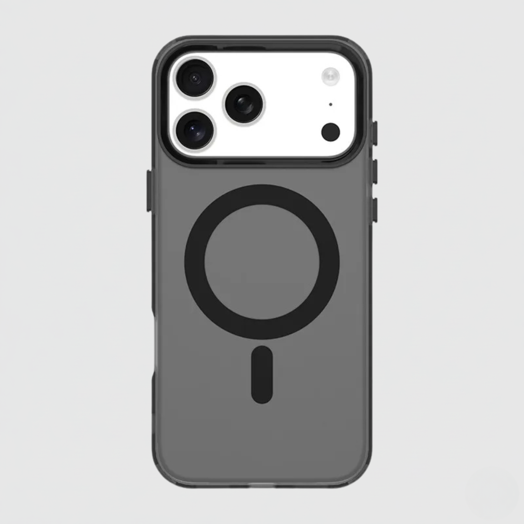 The Graphite Black frosted matte MagSafe case for iPhone 17 Pro with a translucent back.