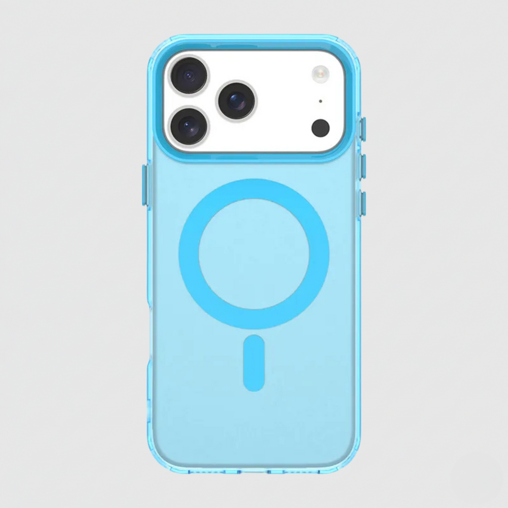 The Sierra Blue frosted matte MagSafe case for iPhone 17 with a stylish translucent finish.