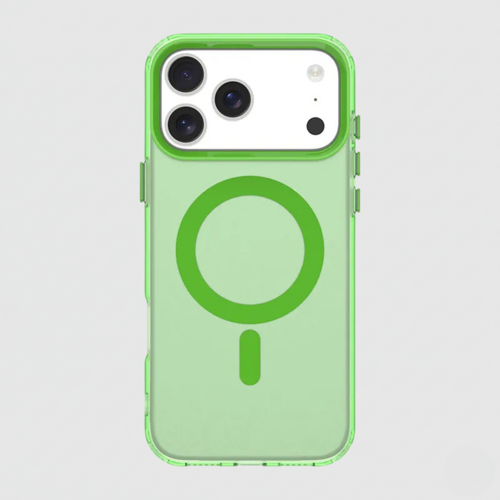 The Alpine Green matte MagSafe case for iPhone 17, highlighting its vibrant green accents.