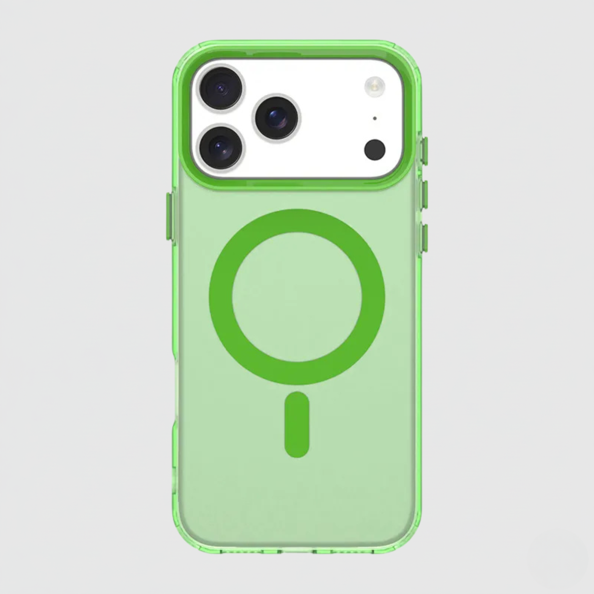 The Alpine Green matte MagSafe case for iPhone 17, highlighting its vibrant green accents.