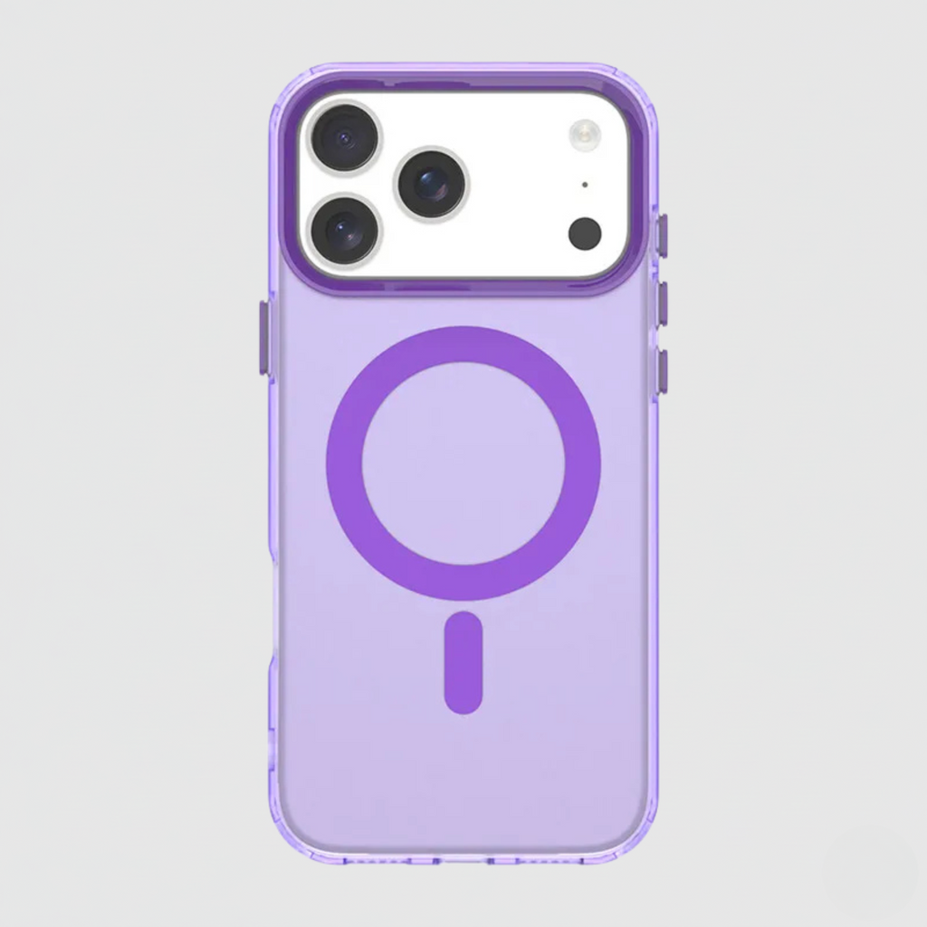 The Deep Purple frosted matte MagSafe case for iPhone 17 with a matching magnetic ring.